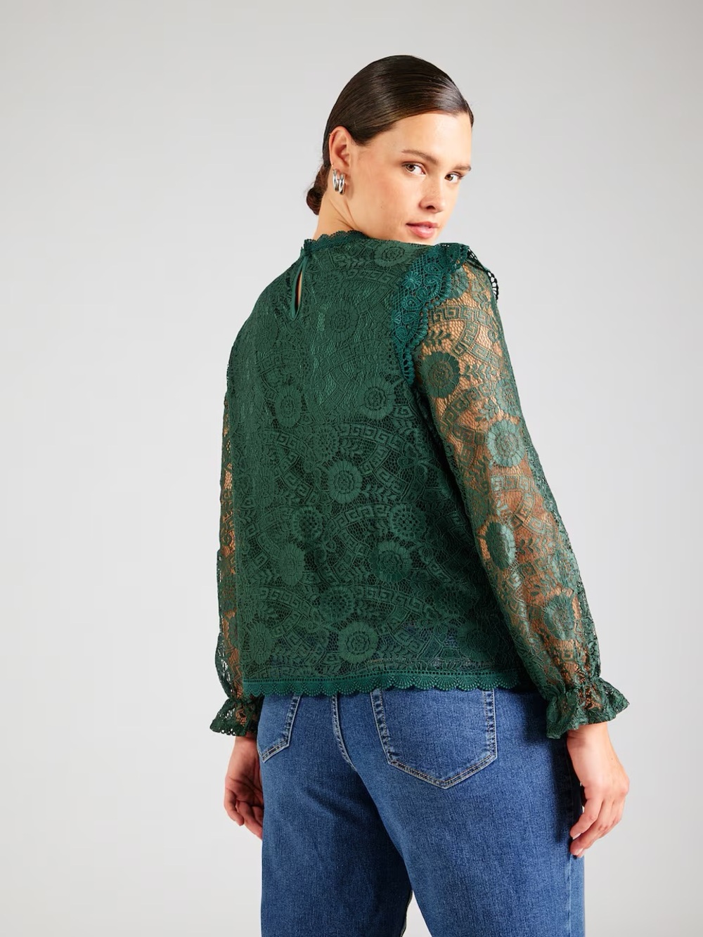 Cable & Gauge Emerald Green Lace Women's Mock Neck Blouse
